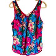 Vintage |  Blue & Pink Tropical Floral Sleeveless Top | Fits Medium