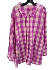 Woman Within Womens Button Up Shirt Top Check Long Sleeve Purple Pink Size 5X