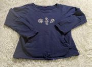 Fresh Produce Sweater Womens XS Blue Seahorse Clam Shell Tie Front Pullover