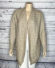 Linda Matthews NWT Size XL Tan & White Marled Cableknit Open Sweater Cardigan