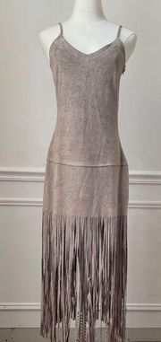 Design Lab Beige Moleskin Sueded Fabric Spaghetti Strap Fringe Slip Dress XS