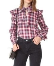 Blank NYC Denim Plaid Ruffle Shirt Cardinal Red