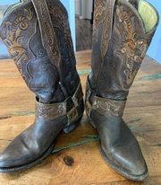 African "Only Leather" Sz 5.5 Brown Tooled Leather Cowboy Boots Floral Beautiful