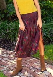 NWT Natural Life Addie Skirt Brown Pink Roses Lightweight Flowy Boho Cotton L