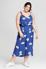 | Blue Floral Sleeveless Faux Wrap Crop Leg Jumpsuit | Size XL
