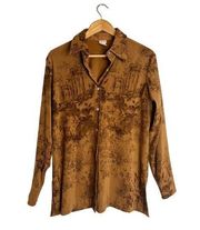 Soft Surroundings Women's Brown Floral Toile Faux Suede Button Up Shirt Size S