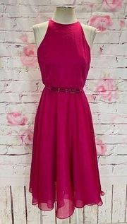 Halston Heritage Women's Sleeveless Chiffon Hot Pink Fit & Flare Dress Size 0