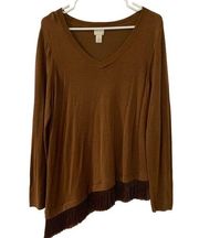 Womens Brown Fringe Hem Asymetrical Pullover Sweater Size 2