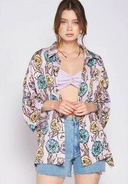 Molly Green S Purple Floral Oversized Button Up Blouse