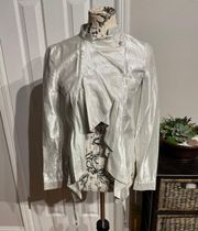 NWT  Draped Front cascade ruffle Shimmer Shiny Metallic Silver Light jacket cover summer buttons mock asymmetrical high low blazer cape Vintage y2k duster avant-garde futuristic iridescent holographic disco lame Coastal Bright 