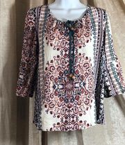 One World Boho Beaded Tassel Neckline Top Medium