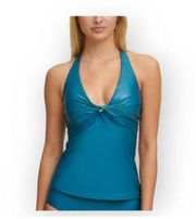 Women's Teal Stretch Removable Cups Tie Lined Twist Front Tankini swim top