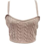 LE LIS Womens Large Cropped Sweater Cami Tan Cable Knit Top Sleeveless