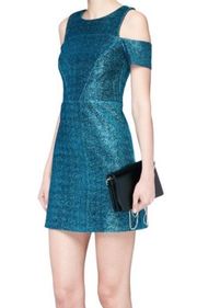 TopShop Teal Metallic Tinsel Cold Shoulder Mini Dress 2 Shiny Formal Short