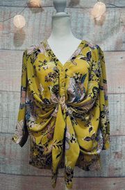 7th Avenue  Yellow Blouse Women Medium Floral Top 3/4