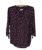 Westport Womens Floral Blouse Top 3/4 Sleeve Navy Blue Multicolor Flower Medium