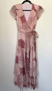 Blue Rain True Wrap Maxi Dress Pink Floral Ruffles Romantic ~ Size XXS