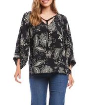 Karen Kane Blouse Size Small Black White Paisley Print Blouson Sleeve NEW