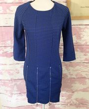 Blue Black plaid 3/4 sleeve Mini Dress with zipper hem