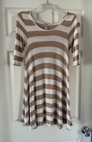 Basics White and Tan Striped Quarter Sleeve Dress - Size M