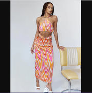 Aurora Orange Pink Retro Swirl Coord 2 Piece Top + Skirt Set 0