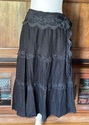 Lapis Size Large Boho Tiered Skirt Black w/ Lace Waist and Accents Cotton/Linen