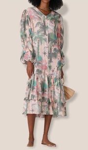 LoboRosa Pink Floral Puff Sleeve Palms Button Front Up Dress Size Large