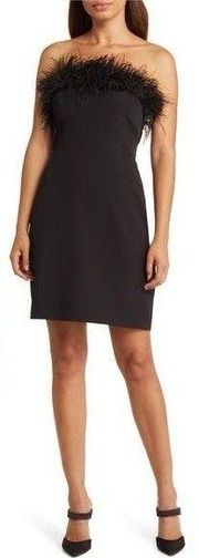 NWT Sam Edelman Feather Trim Strapless Sheath Mini Dress Retro Glam Black 12