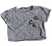 NUON Shirt Womens X Small White Black Striped Rocket Space Patch Crop Top