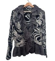 Alberto Makali gray animal print drapery ruffle cardigan sweater size M