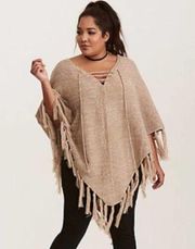 Fringe Lace Up Poncho M/L Beige Marled Knit Popover Tassle V-Neck Shawl