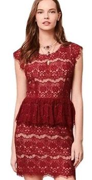 Anthropologie Maeve Elsa Lace Peplum Dress Deep Red Mini Sheath  Cap Sleeve XS