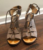 Melrose & Market Calista' Stone Taupe Faux Suede Lace Up Wedge Sandals Size 9.5