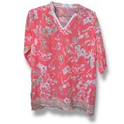 Misslook Floral V Neck Tunic Bright Pink Blouse Size Large