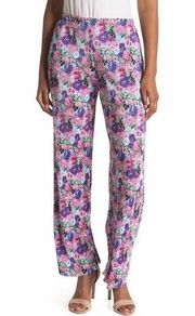 Wayf Floral Accordion Pleat Satin Pull On Straight Leg Pants Purple Pink Large