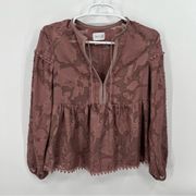 Saylor Magnolia Blouse Mauve Keyhole Neck Tie Pom Pom Trim Long Sleeve XS