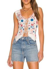 Free People In Bloom Embroidered Tie Front Sleeveless Top White Medium