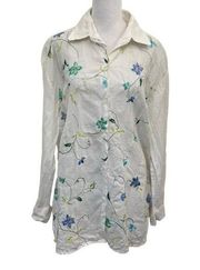 ALLISON TAYLOR 100% Linen Embroidered Floral Colorful Button Up Shirt size Large