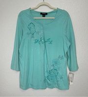 NWT Style & Co Green Embroidered Henley 3/4 Sleeves Top
