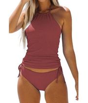 NEW Bathing Suit Drawstring Side Halter Neck Tankini Set L