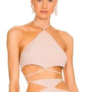 Revolve Nude Halter Wrap Top SMALL Crop Metallic Thread Tie Waist h:ours NEW