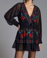 ANTHROPOLOGIE NWT Black Multi Color Embroidered Wrap Mini Dress Size S