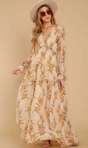 AaKaa I Get This Feeling Taupe Print Deep V Tiered Maxi Dress - S