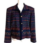 Vintage Henry Lee Blazer Navy Multicolored Print Cardigan Jacket Size 16 Petite