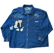 Vintage 90s Together! Embroidered Teddy Bear Denim Shirt Western Cotton Blue 2X