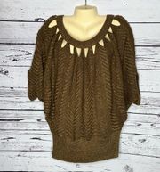 Boston Proper Size L Brown & Metallic Gold Shimmer Cut-Out Sweater Top