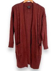 Brown Soft Ribbed Cable Knit Longline Open Front Chore Cardigan Sz Small