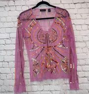 Ideology V Neck Sheer Pink Embellished Blouse