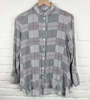 See and be seen houndstooth button up ruffle top Size Small Hi-Low Shirt Navy