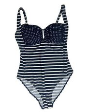 Womens US Polo Assn Stripe Polka Dot Blue White One Piece Nautical Swimsuit Sz L